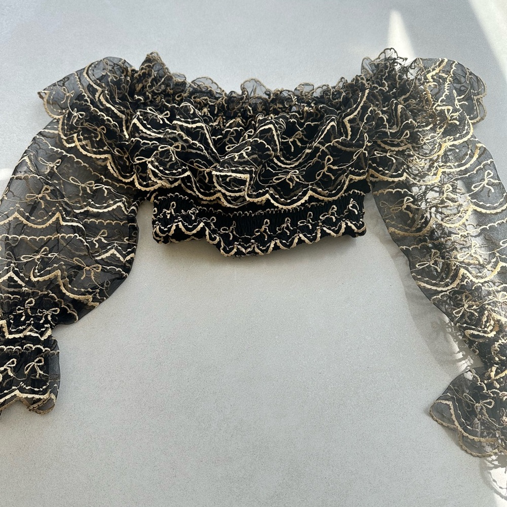 ALICE McCall SIZE 2 Black and Gold Sheer Ruffle Crop Top